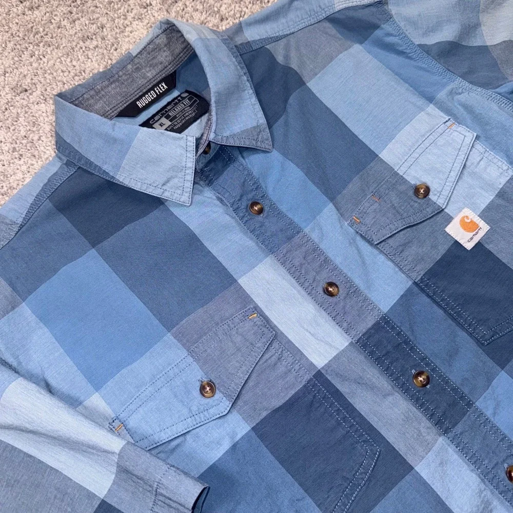 Carhartt Rugged Flex Button Down Shirt Mens Stretch Plaid Blue XL EXCELLENT - Picture 1 of 7